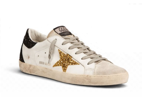 Женские кеды Golden Goose Super-Star In Nappa Leather With Gold Glitter Star And Black Glitter Heel tab